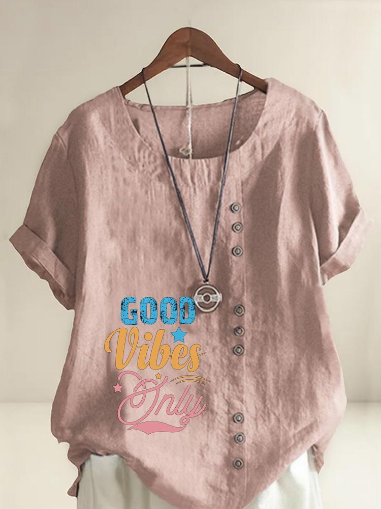 Women s Fashion Letter Print Casual Cotton Linen Short Sleeve Round Neck T-shirt Shirt Leisure Loose Summer Blouse Tops S розовый