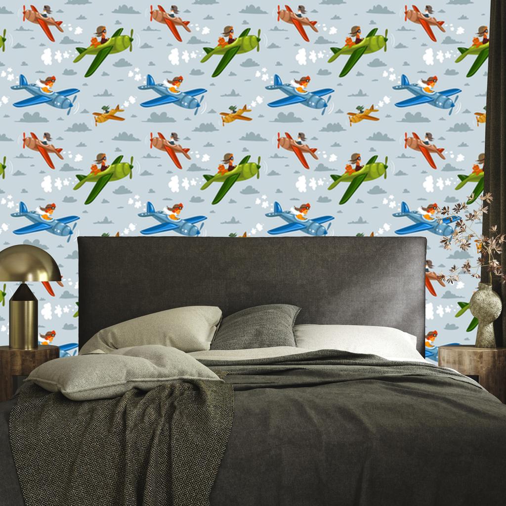 Children In Colorful Airplanes Wallpaper for Living Room and Bedroom 50x1000