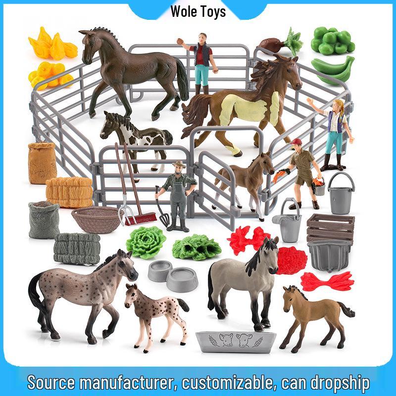 Cross-Border Children's Horse Farm Playset with Pinto Horse, Worker, Fence, Tools, Haystack, and Scene Decoration