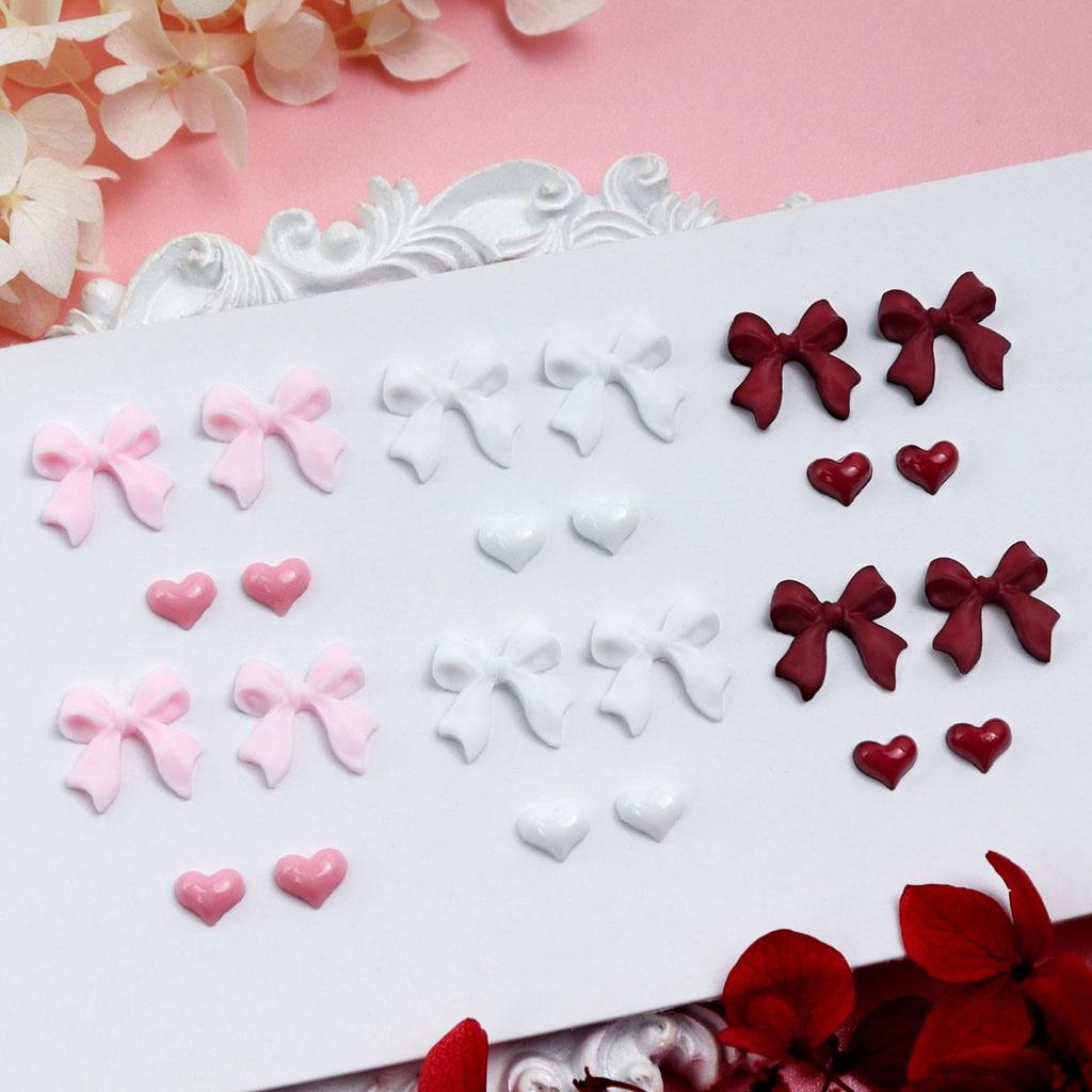 1 Box Mixed Valentine's Day 3D Nail Art Charms with Wine Red Love Heart Nail Accessories Pink Ribbon Bow Nail Art Decoration DIY Design Supplies