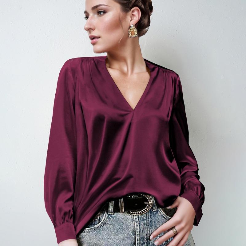 Plus Size Women's Pleated Long Sleeve V Neck Casual Loose Commuter Top