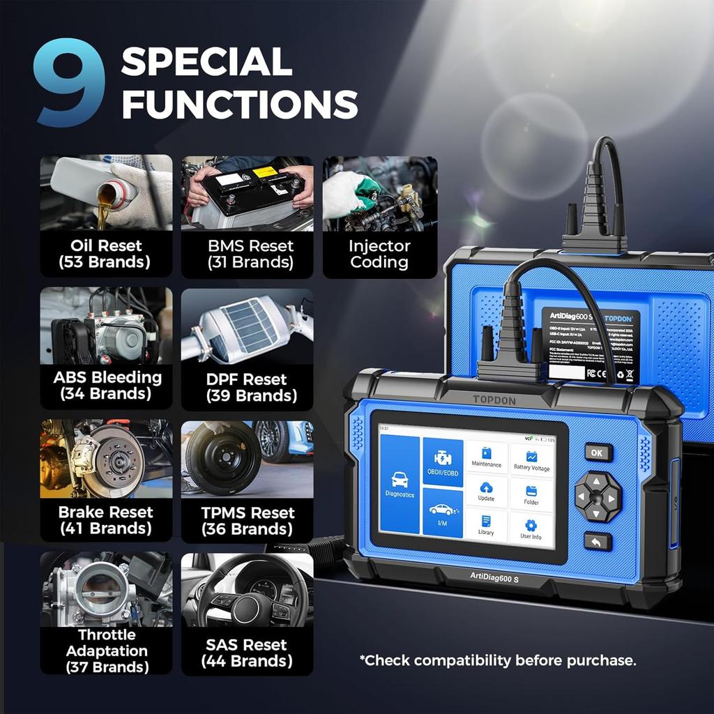 Topdon Artidiag600S OBD2 Scanner Automotive Car Diagnostic Tool ABS SRS TPMS Engine 8 Reset Functions Diagnostic Tool Scanner