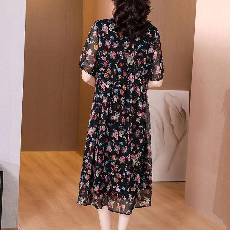 2023 New Women's Clothing Casual Simplicity Printing V-neck Loose Knee Skirts Elegant Fashion Thin Summer Short Sleeve Dresses