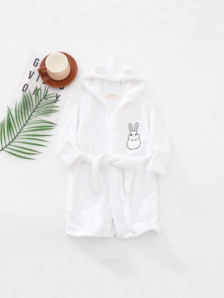 2025 Korean Flannel Kids' Embroidered White Rabbit Hooded Bathrobe