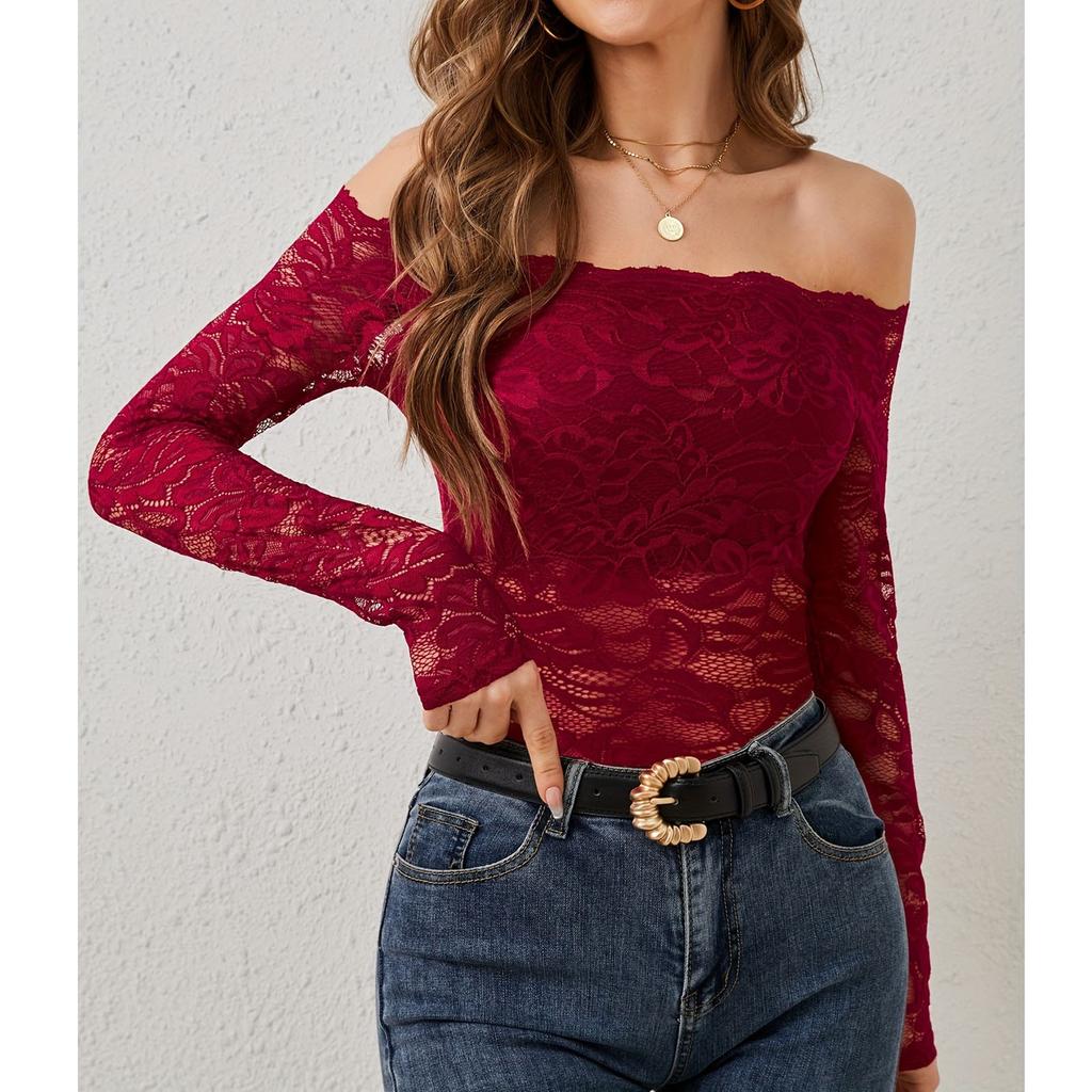 Women's Casual Fan-Shaped Collar With A Straight Neckline And Off Shoulder Lace T-Shirt, Long Sleeved Top