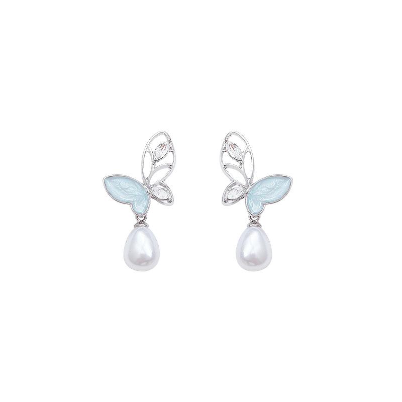 Hollow Zircon Butterfly Pearl Pendant Earrings for Women Fashionable Personalized Daily Accessory Party Jewelry Birthday Gifts