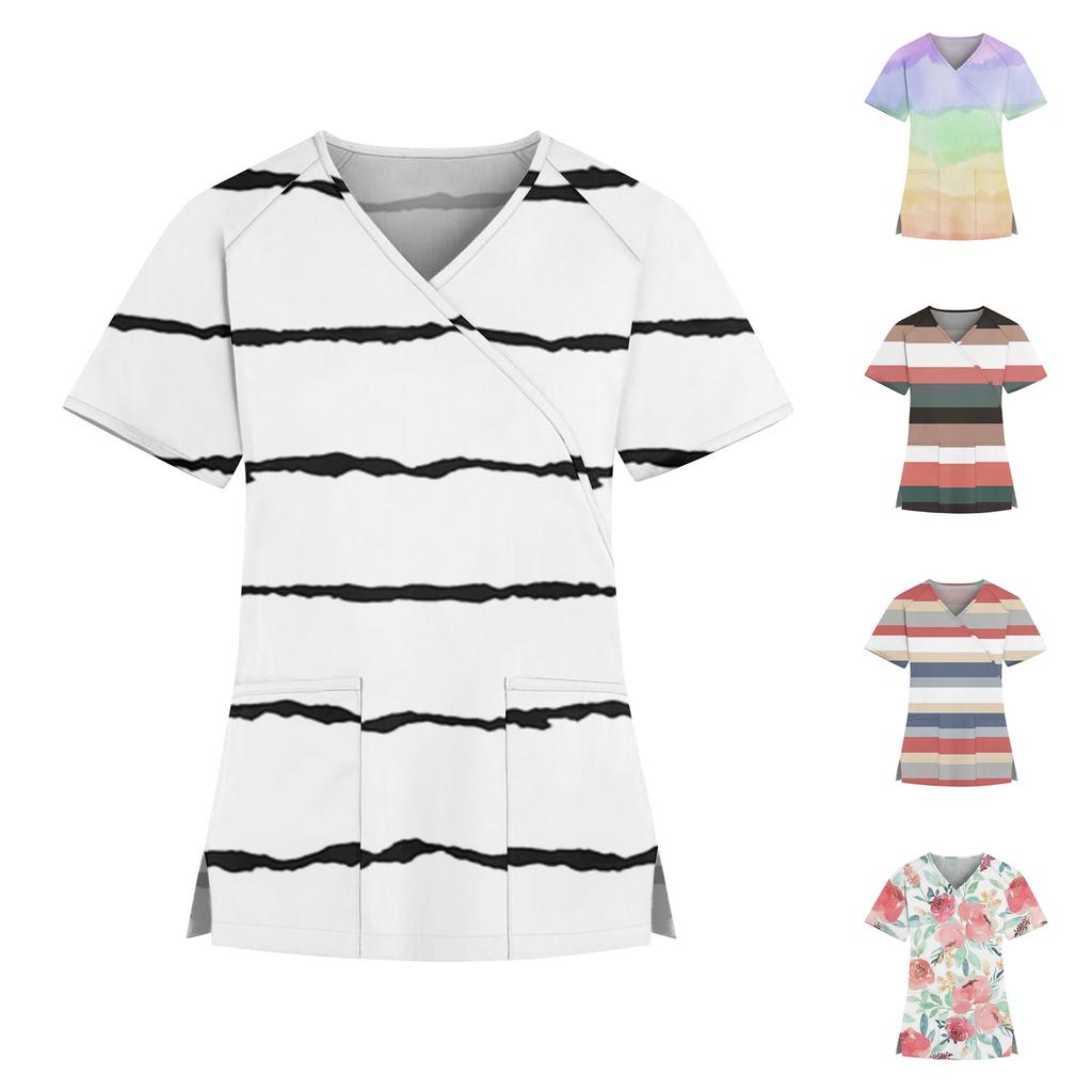 Women's Fashion V-neck Stripe Color Matching Printed Short Sleeve Workwear With Pockets Tops Protective Clothing