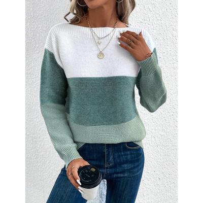 Stripe Color Block Sweater, Elegant Long Sleeve Drop Shoulder Sweater for Fall & Winter, Women's Clothing