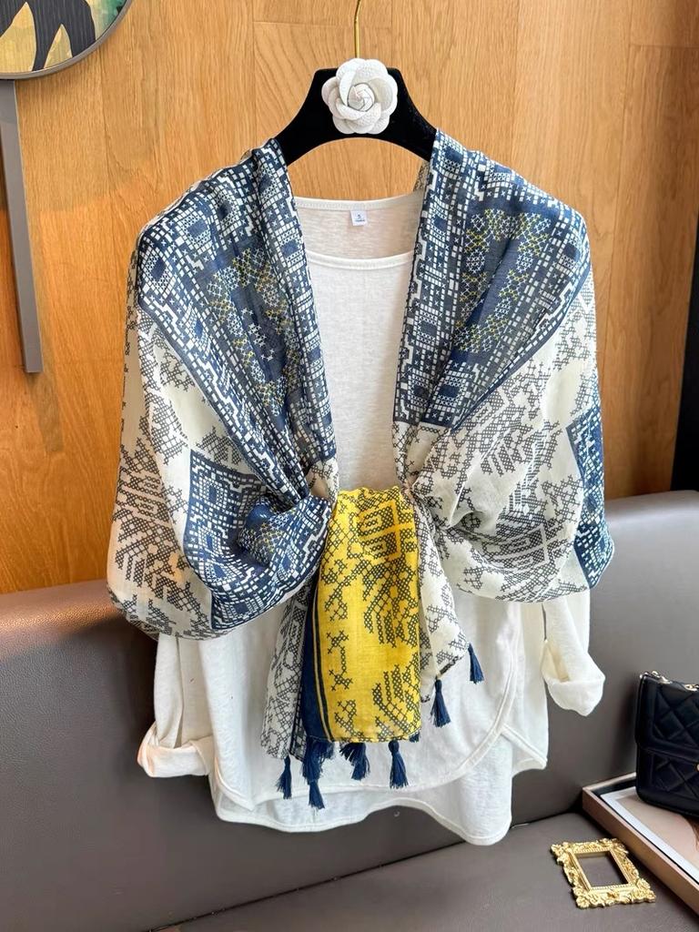 Women'S Floral Print Scarf 180X90Cm Warm Fashion Shawl With Tassels Lightweight Rectangular Sand-Proof Beach Wrap Muslim Hijab