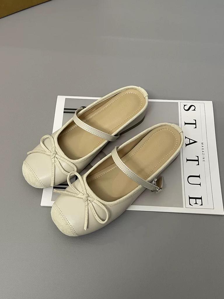 Inner Height Increase 5CM Flat Bottom Small Fragrant Wind Bag Head Half Slippers Women's 2024 New Versatile Bow Small Sandals Outer Wear