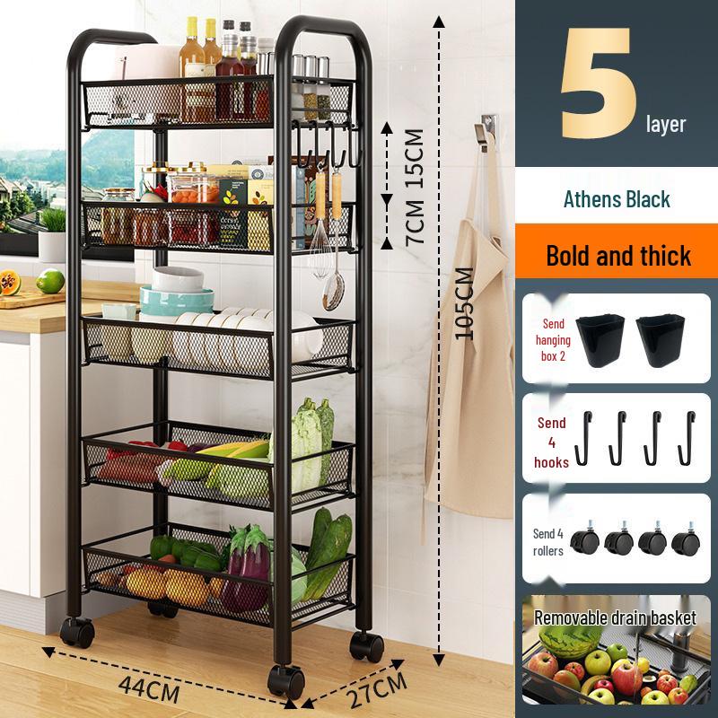 Multi-layer Movable Kitchen and Bathroom Storage Trolley and Vegetable Basket