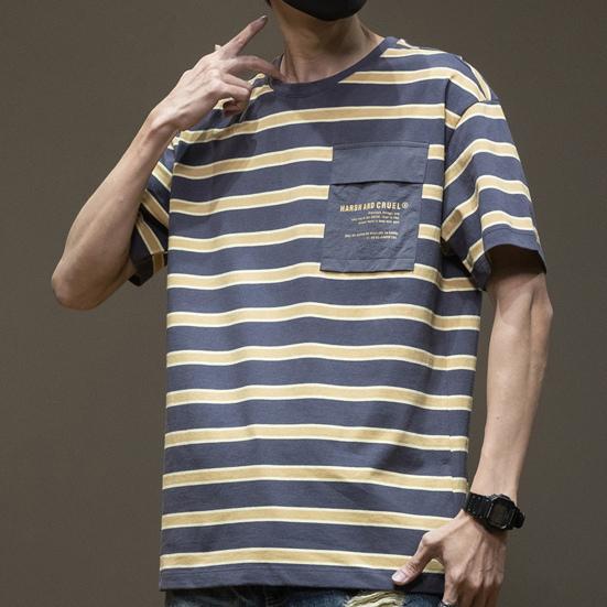 

Men T-shirt O-Neck Versatile Breathable Classic Striped Print Loose Fit Casual Daily Garment M жёлтый