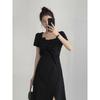French Retro Dress Square Collar Niche Design Senior Sense of Black Waist-skimming Temperament Dress