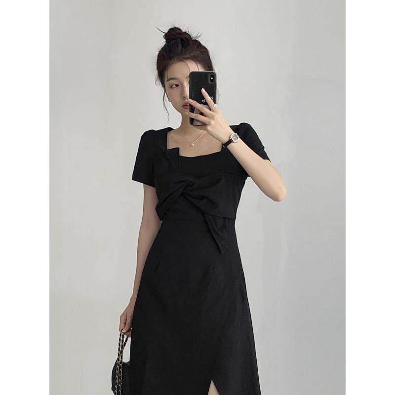 French Retro Dress Square Collar Niche Design Senior Sense of Black Waist-skimming Temperament Dress
