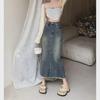High Waist Elastic Denim A-Line Skirt - Women's Mid-Length Slim Fit Wrap Skirt for Summer