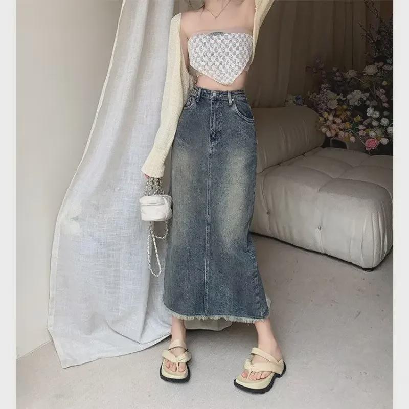 High Waist Elastic Denim A-Line Skirt - Women's Mid-Length Slim Fit Wrap Skirt for Summer