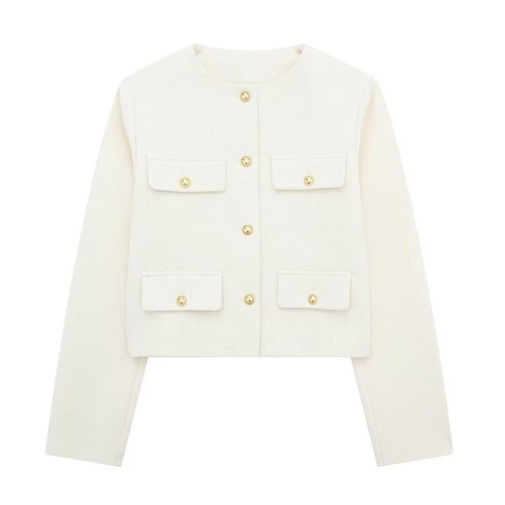 2024 Autumn Women's Pocket Crew Neck Fashion Coat