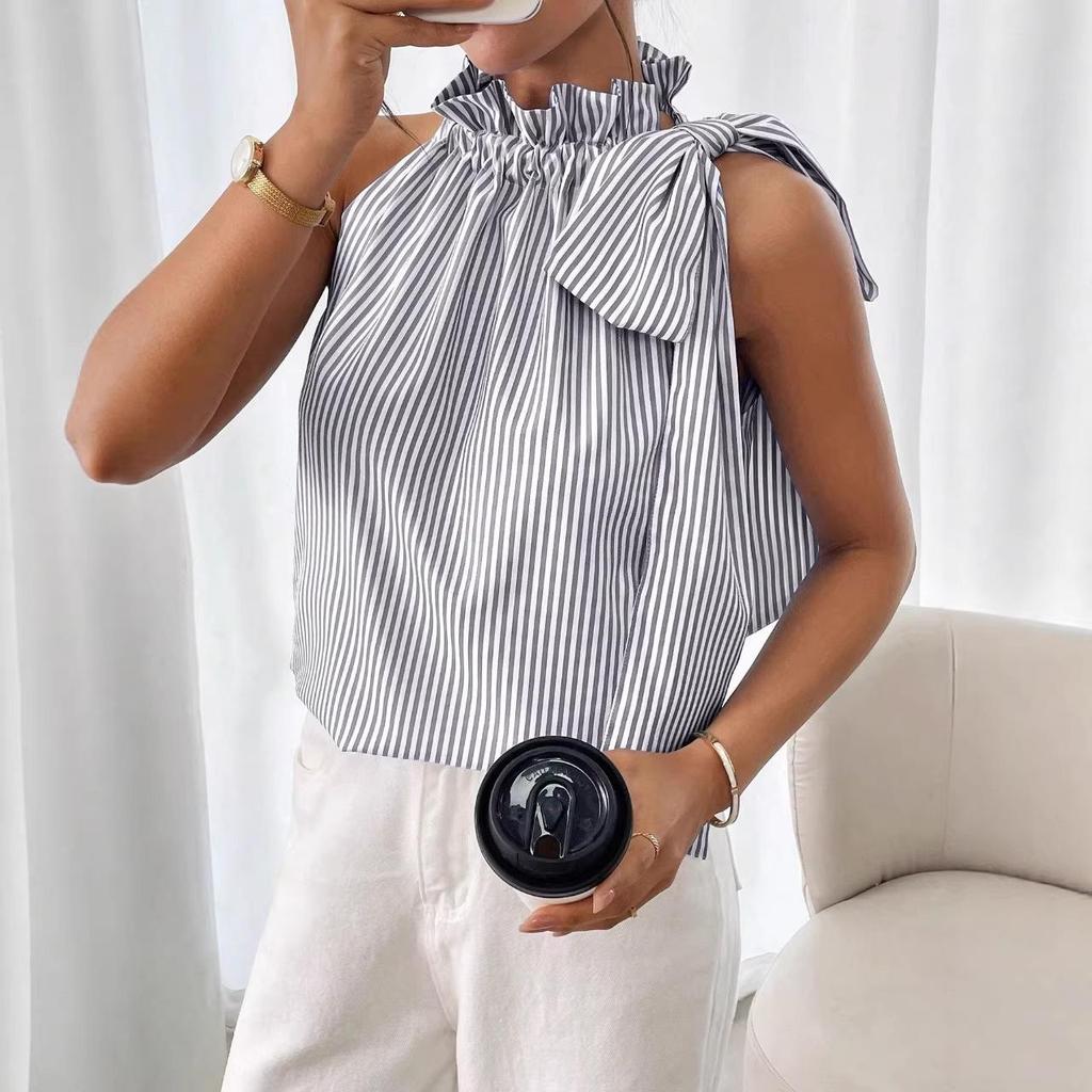 Haut sans manches rayé en dentelle à col haut et nœud papillon - Mode européenne et américaine (Meilleure vente 2026)
