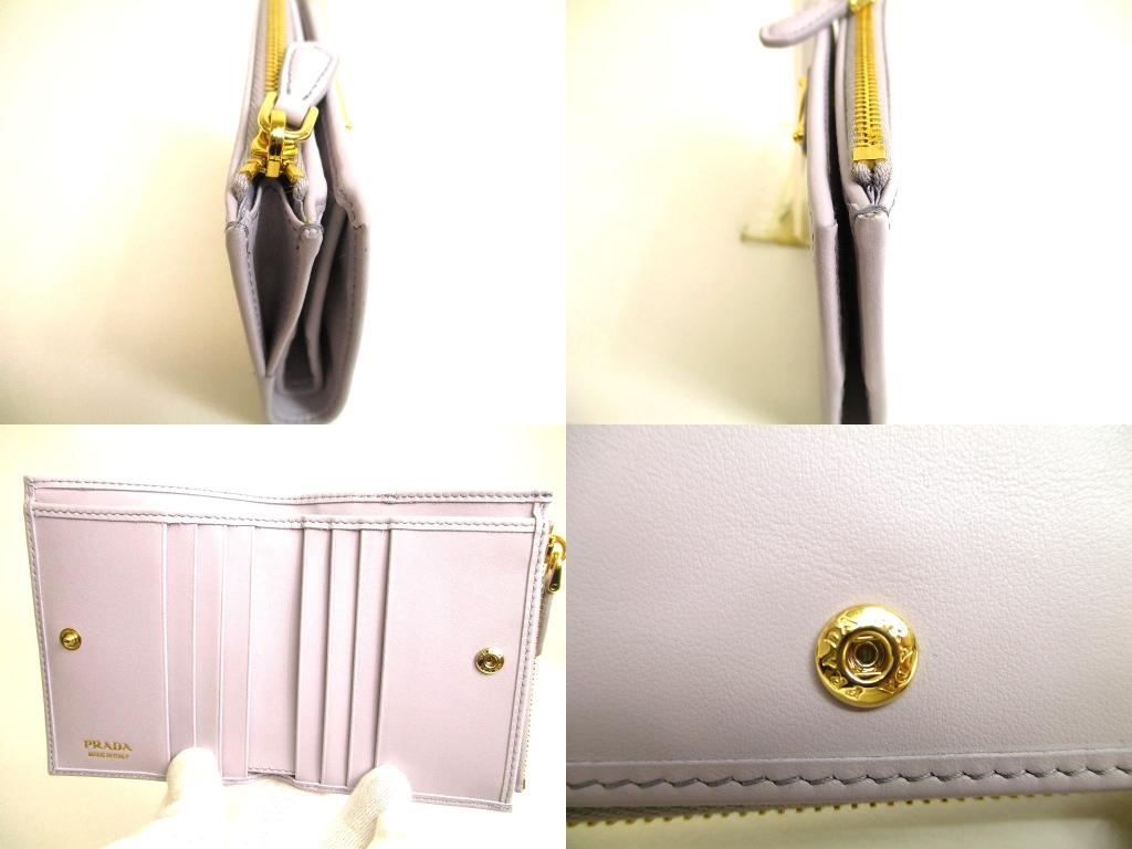 Carteira Dobrável Autêntica PRADA em Couro Roxo Claro Carteira Compacta #b055 Caixa Aberta