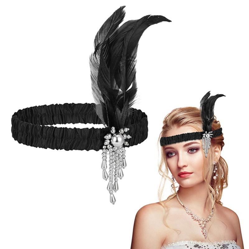 Headband Red Black Feather Pearl Headband Retro Party Props Dress Accessories