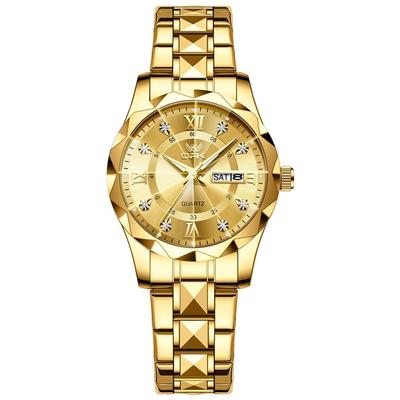 HINICE Women's Quartz Watch 30mm Stainless Steel Round Face Calendar Day Date Diamond Index Water Resistant Gold Casual Office Use