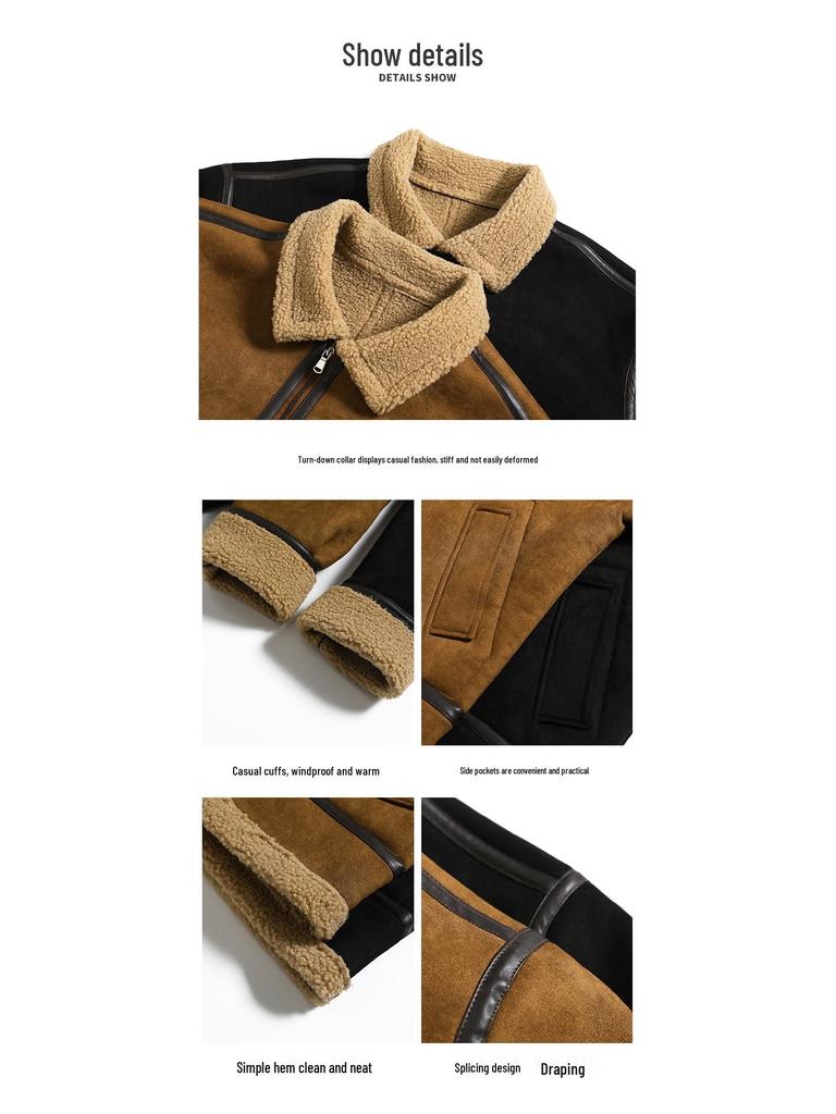 Men's Winter Suede Leather Jacket: Loose Fit, Turn-Down Collar, Fleece Lined, Thickened Leather Fur, Streetwear Outerwear.