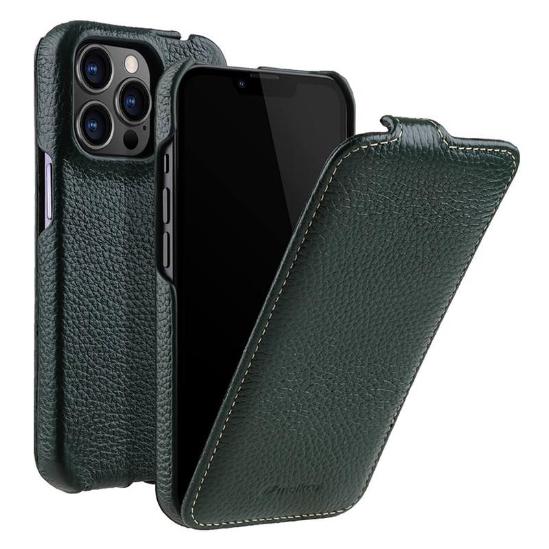 MELKCO For iPhone 13 Pro Max Phone Protective Shell Litchi Texture Genuine Cow Leather+PC Vertical Flip Case