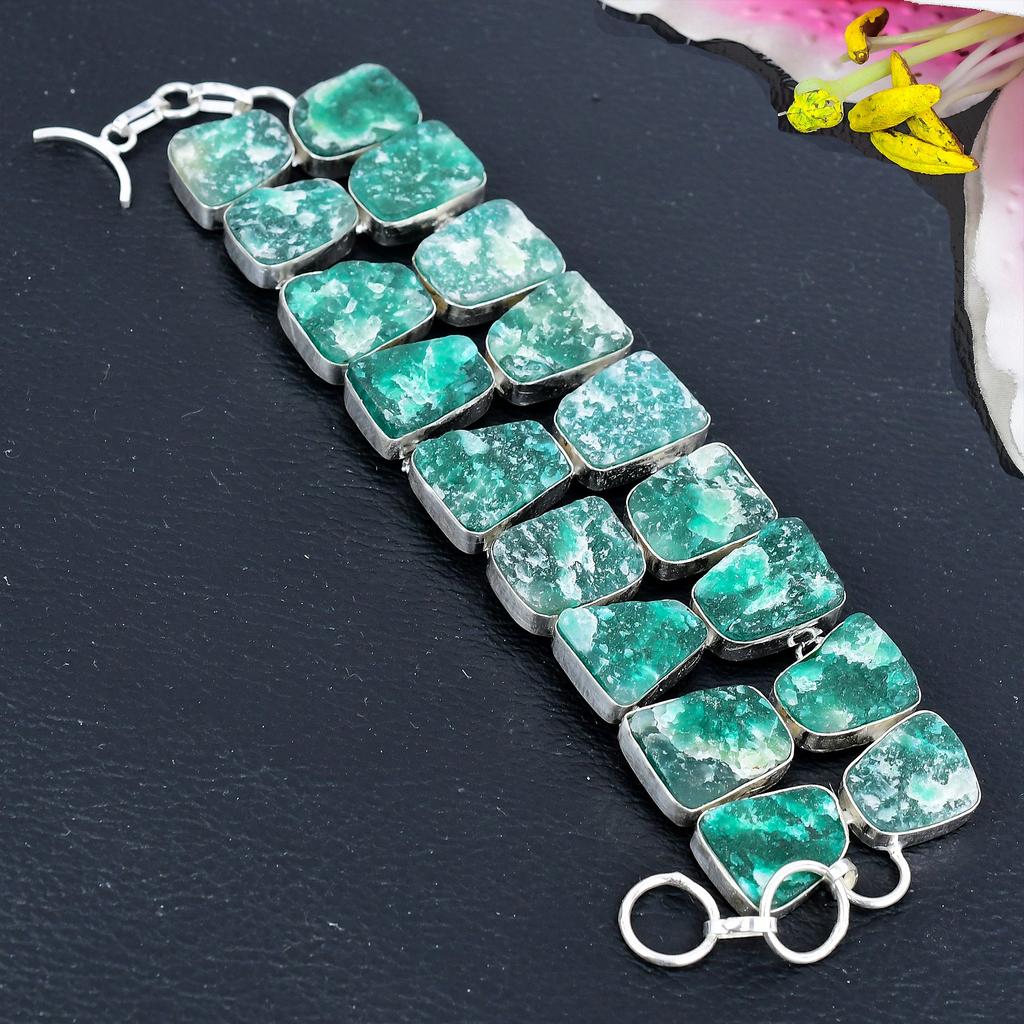 Green Hememorphite Druzy Gemstone 925 Sterling Silver Bracelet 7-8" KG-1818