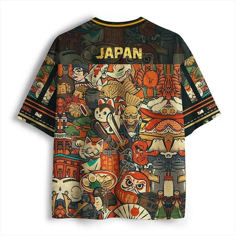 2026 Japanese Style and Japanese Style Ukiyo-e Lucky Cat Damo Mesh Jersey Size 47 Retro Loose V-neck Short Sleeved Shirt