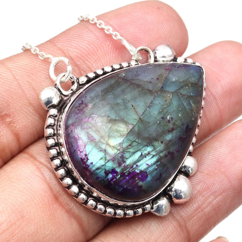 Pendant Silver  Peridot Labradorite Gemstone Jewelry Sterling 2.5" Fiery