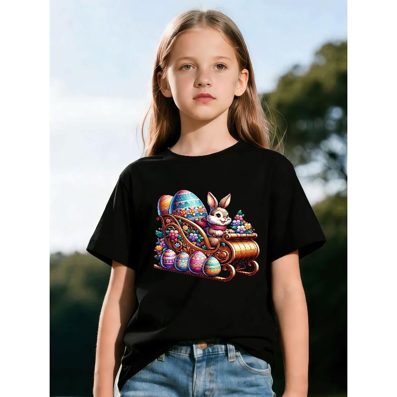 Europäische Größen Süßes Osterhasen-Ei T-Shirt | Perfekt für Mädchen und Jungen, Lebendige Farben mit großohriger Häsin und Blumenmuster