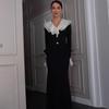 Amazon 2025 Cross-border Europe, America and Autumn New Mesh Edge Decorative Button Lotus Leaf Long-sleeved Top Hip Skirt