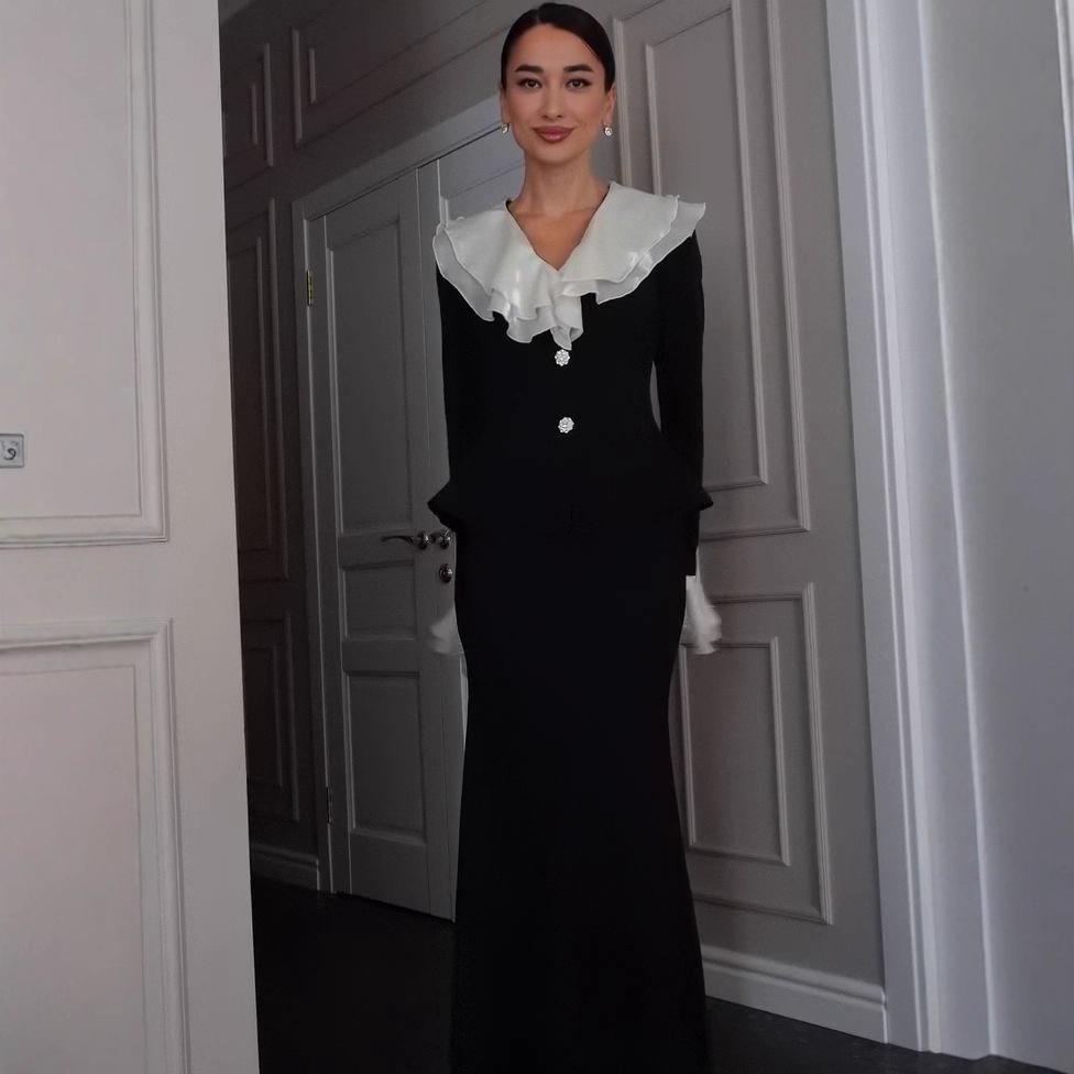 Amazon 2025 Cross-border Europe, America and Autumn New Mesh Edge Decorative Button Lotus Leaf Long-sleeved Top Hip Skirt