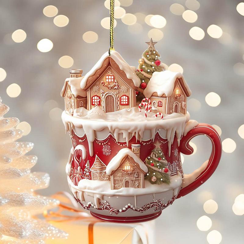 Acrylic Coffee Cup Ornament 2D Art Keychain Pendant Christmas Snow House Pendant Decoration Christmas Tree Pendant Decoration