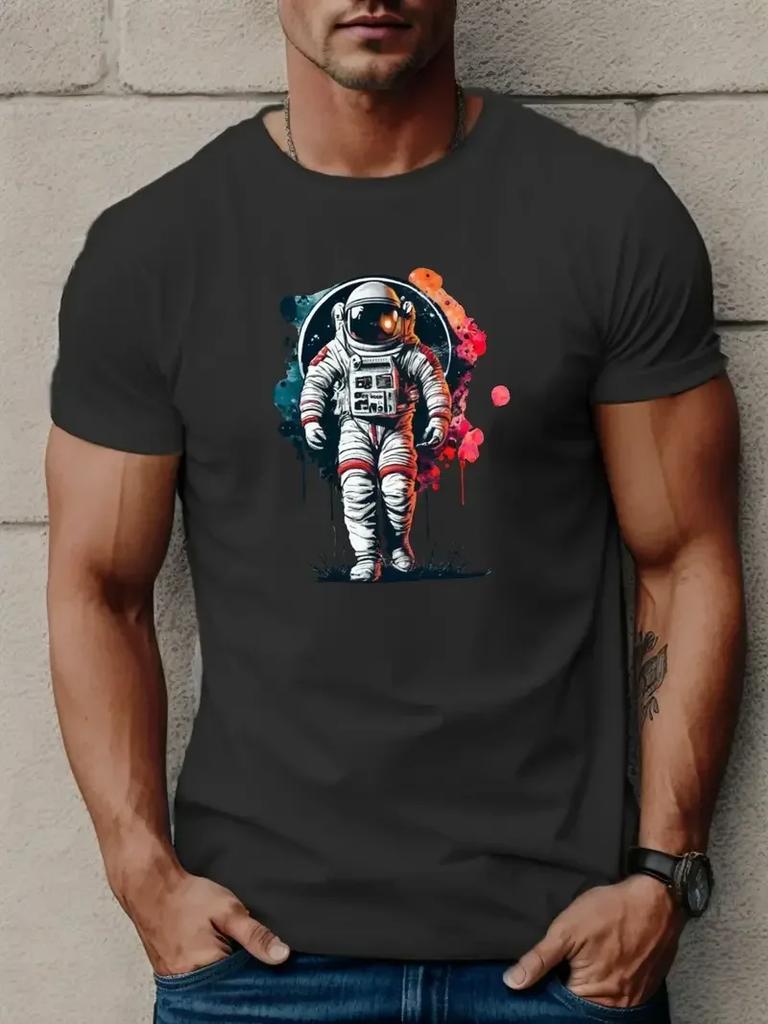 Unisex Astronaut Mond Stern Print Kurzarm T-Shirt, Rundhals T-Shirt Freizeitkleidung, Sommerurlaubsgeschenk