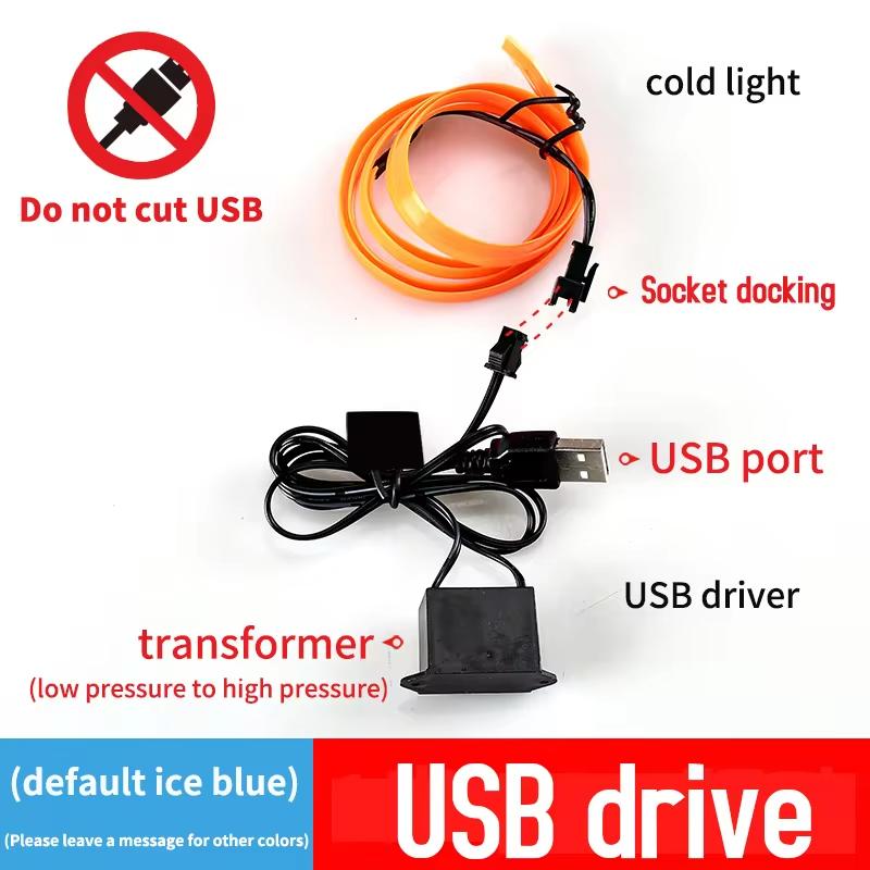 Universal 5M Neon LED Car Interior Decorative Lamp Strip USB Drive For DlY Decorative Dashboard Console Ambient Light Cold Light