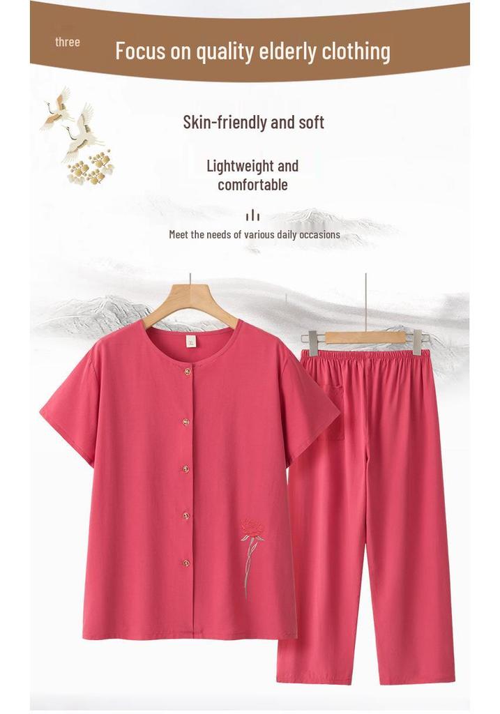 Granny Short Sleeve Summer Suit - Casual Two-Piece Set for Middle-Aged & Elderly Women