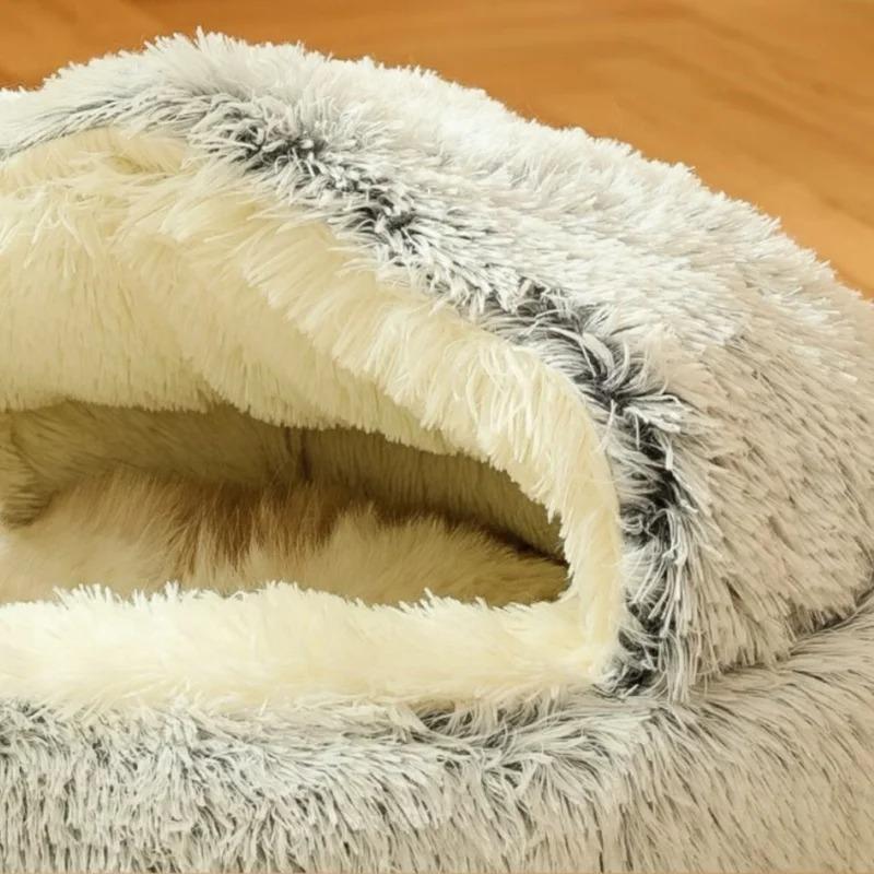 Fluffy Hooded round Cat Bed Anti-Anxiety Cave with Anti-Slip Bottom Machine Washable Pet Blanket Comfortable Soft Cat House