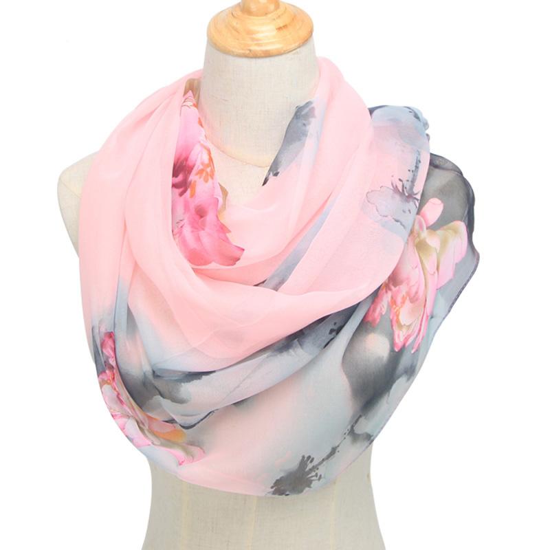 Fashion Women Ultra Thin Long Chiffon Flower Print Silk Scarves Spring Polyester Lotus Pattern Soft Sunscreen Shawl Scarf N49