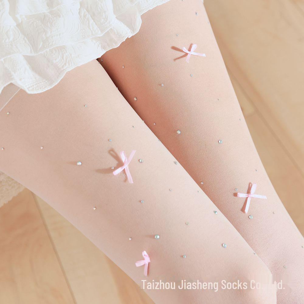 KF24 Handmade Milky White Lolita Pantyhose with Pearl Bow and Pink Flocking.