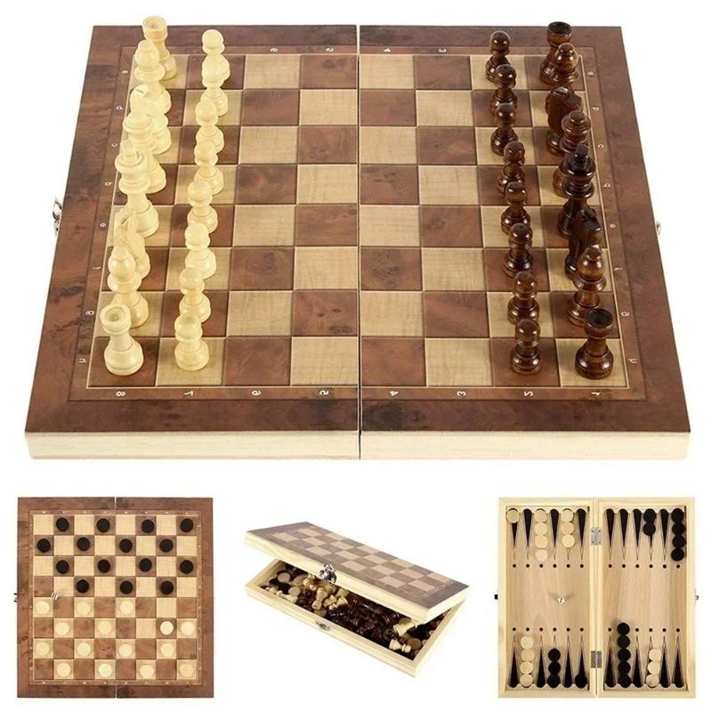 3In 1 Portable Travel Chess Checker Backgammon, Folding Storage Wooden Chess Set, International Checkers Board Game Kids Adults Set