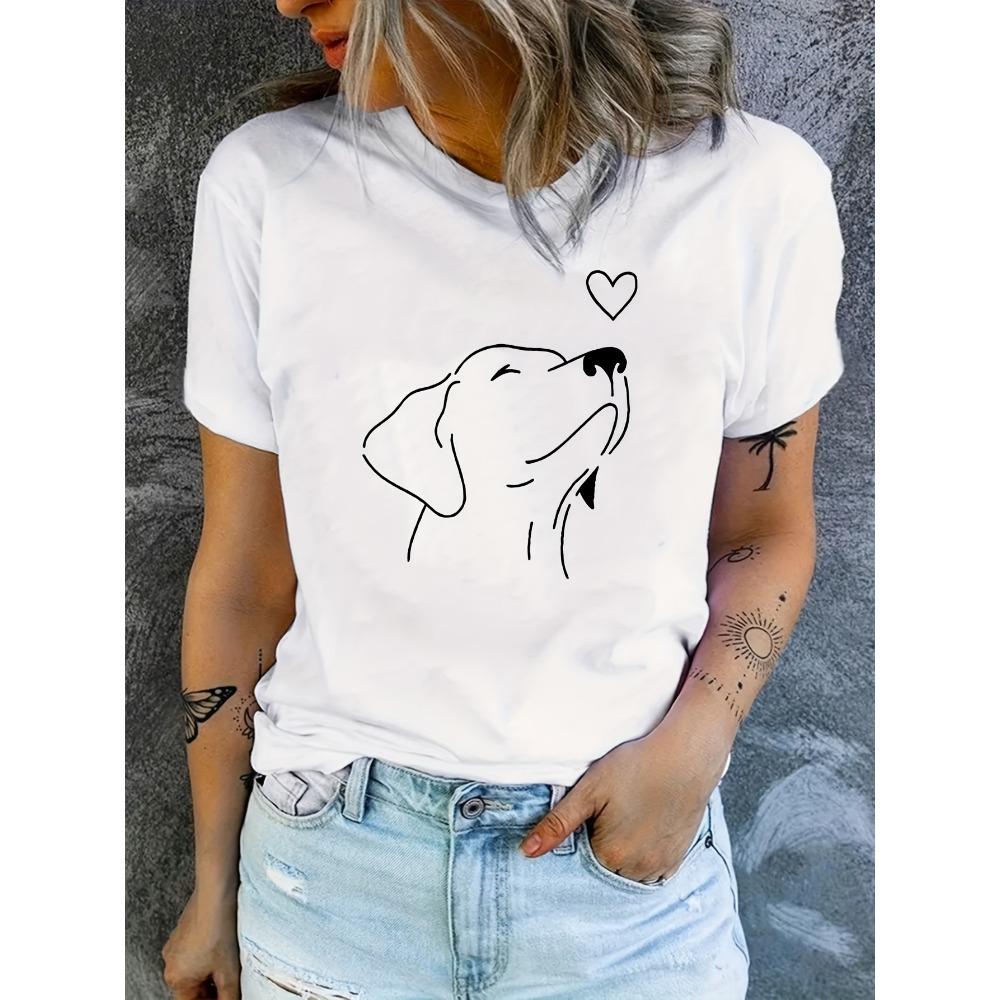 Dog Print Round Neck Sports T-shirt Short Sleeved Running Casual Top Women's Sportswear Aesthetic Clothing