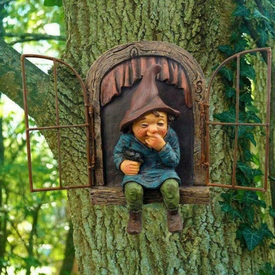 1Pcs New Creative Garden Statue Elf Go Out Tree Hug Suitable For Home Courtyard Porch Decoration Garden Decoration Outdoor Decor