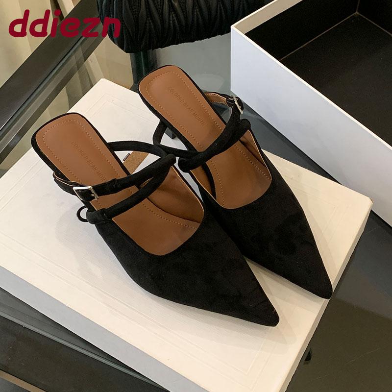 Fashion 2025 New Footwear Thin Heels Women Pumps Slides Shoes Female Shallow Mules Fashion Pointed Toe Ladies Heeled Sandals Shoes