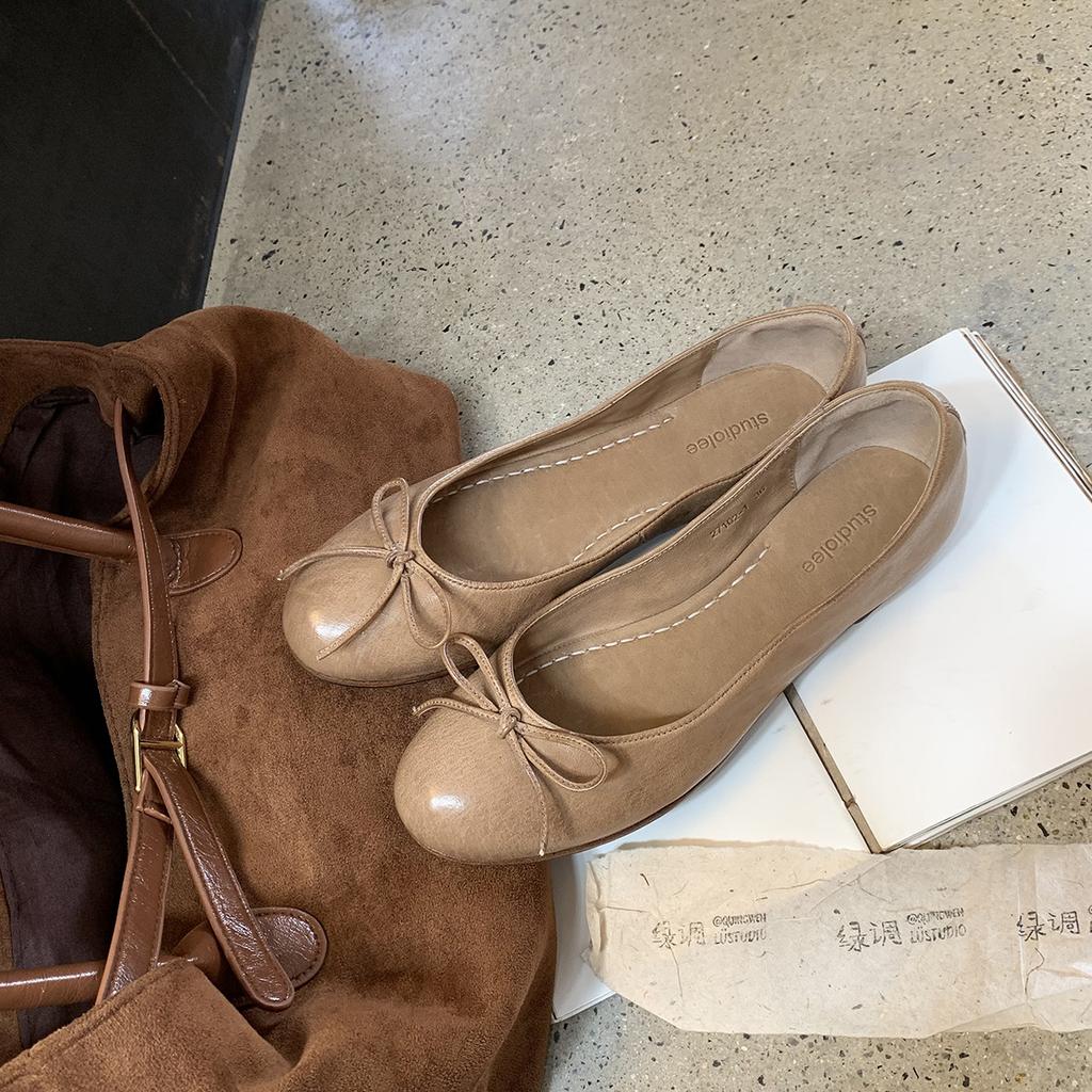 Super soft washed horse leather Gallida women's shoes French retro bow light mouth single shoes women's versatile ballet flats