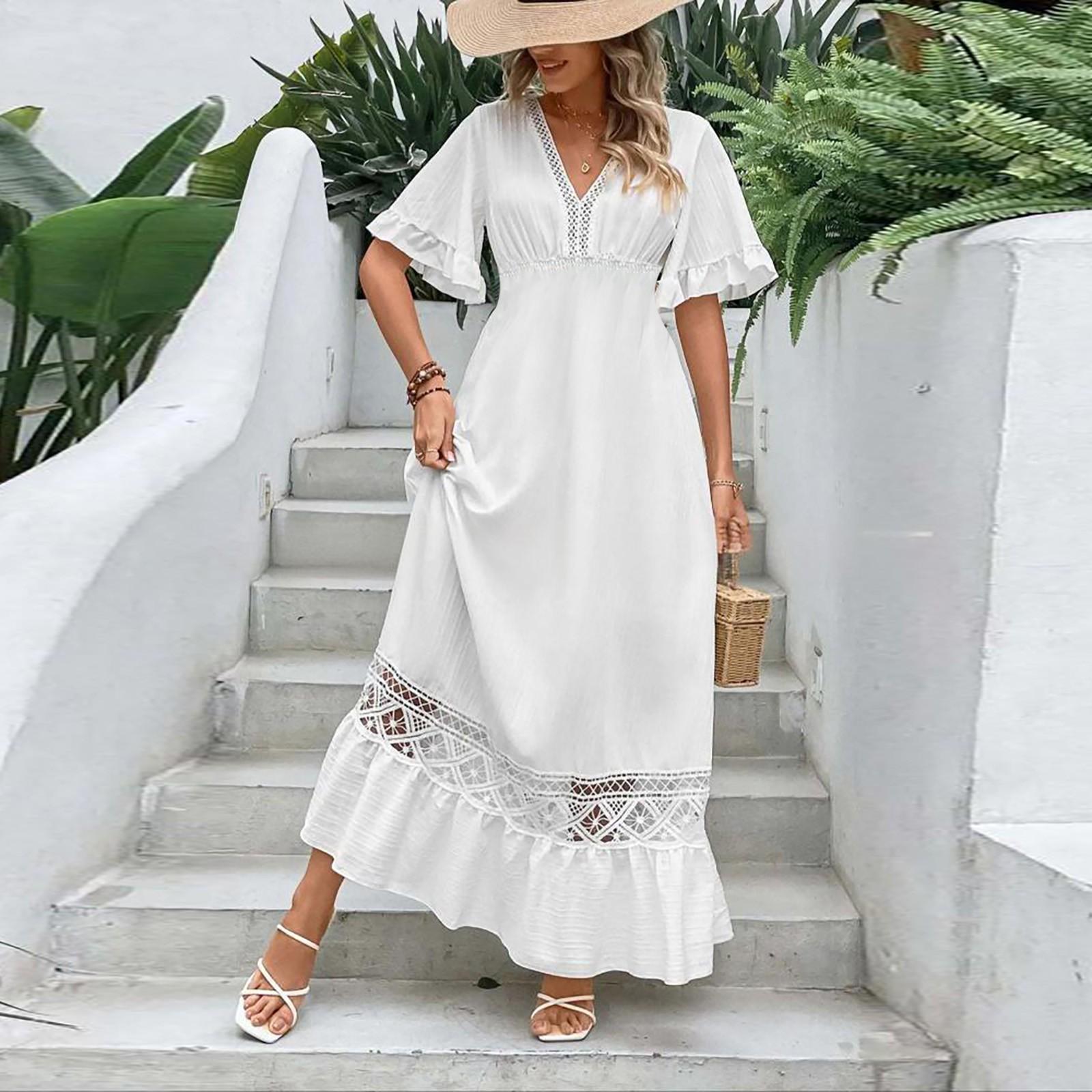 

Сексуальные платья с V-образным вырезом, рукавами с оборками и приталенным силуэтом XL белый