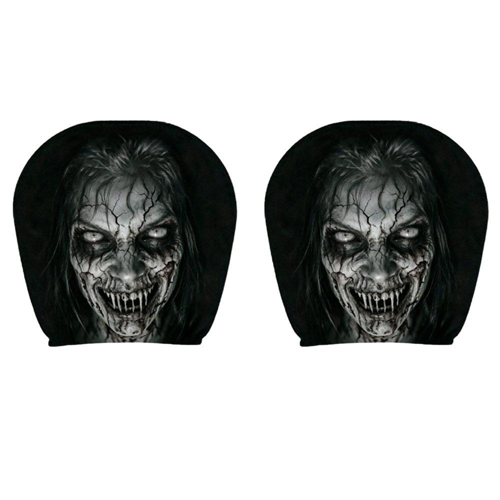 2Pcs Black Car Seat Cover Scary Face Printing Car Headrest Protector Car Headrest Cover Halloween