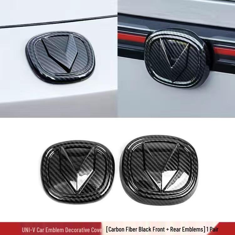 Changan UNIV Modified Car Black Carbon Fiber Logo Stickers for Front, Rear, and Steering Wheel
