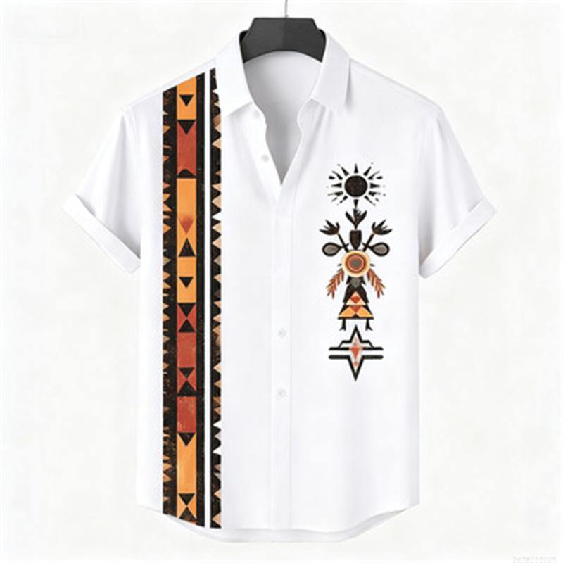 Men's Retro Style Casual Shirts Men's Tops with Tribal Prints, Short-sleeved Casual Beach Shirts, Hawaiian Style Shirts