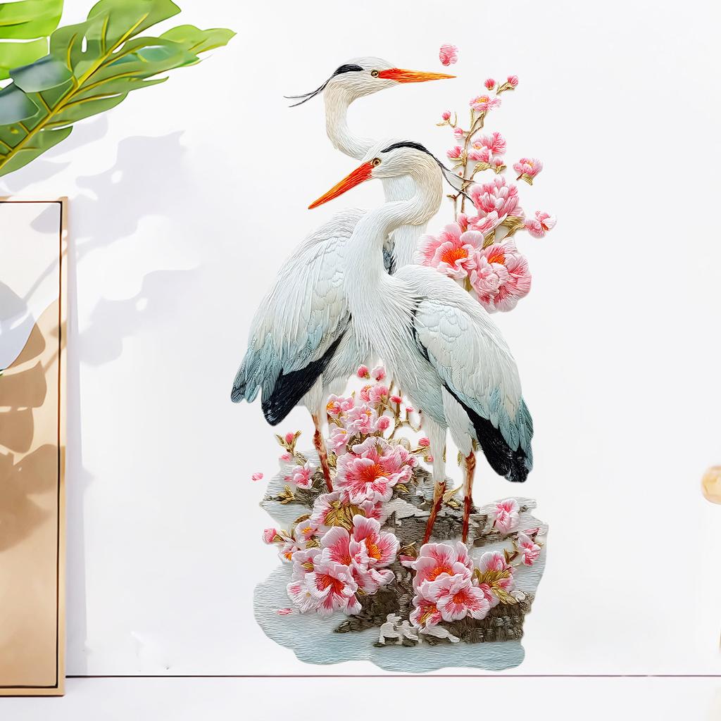 Chinese Style Floral Bird Egret Peach Blossom Wall Sticker Self-Adhesive Removable Living Room Bedroom Hallway Background Wall Home Decor Art